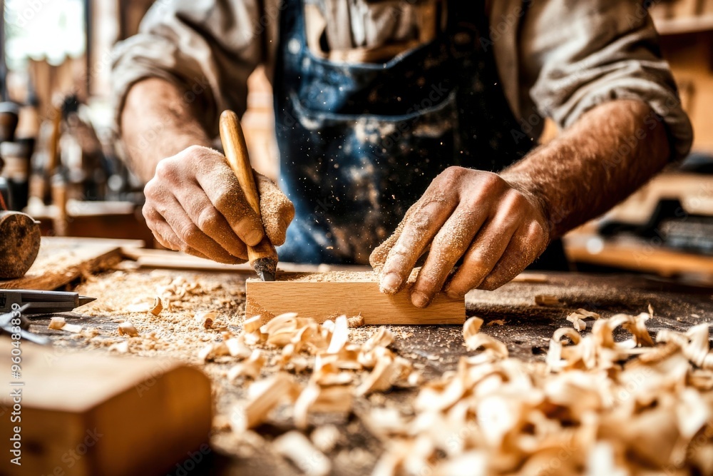 A dedicated artisan meticulously carves a piece of wood, surrounded by shavings and the tranquility of a sunlit workshop filled with rich textures A dedicated artisan meticulously carves a piece of wood, surrounded by shavings and the tranquility of a sunlit workshop filled with rich textures