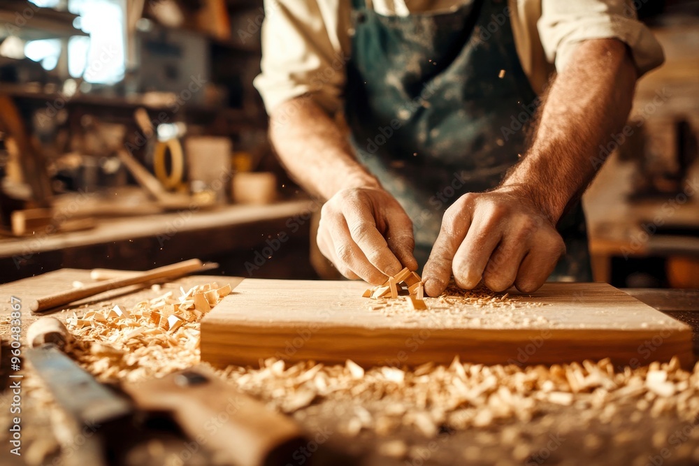 A dedicated artisan meticulously shapes wood with skilled hands, surrounded by tools and shavings in a warm and inviting workshop filled with character A dedicated artisan meticulously shapes wood with skilled hands, surrounded by tools and shavings in a warm and inviting workshop filled with character