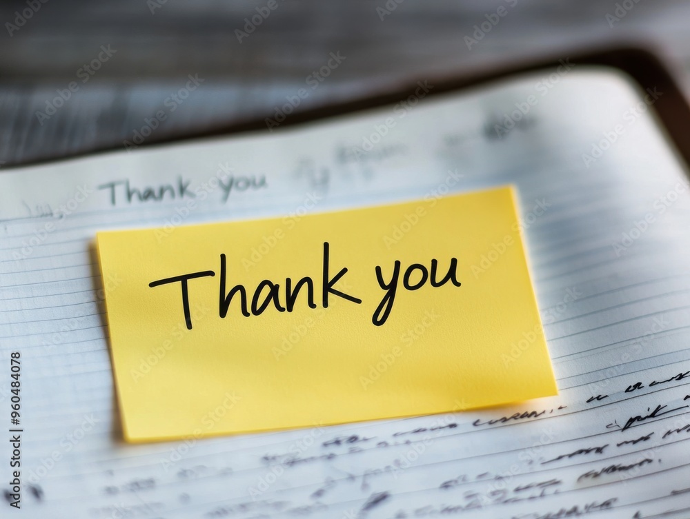 A yellow sticky note with Thank you written in simple handwriting, placed on top of an open notebook with handwritten notes in the background A yellow sticky note with Thank you written in simple handwriting, placed on top of an open notebook with handwritten notes in the background