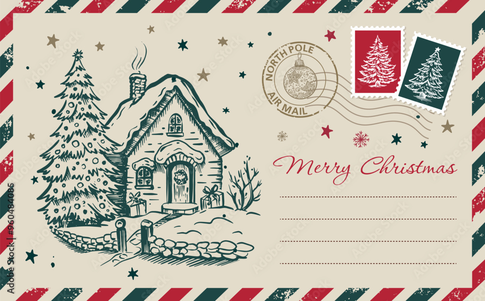 Christmas mail, postcard, hand drawn illustration.
Christmas mail, postcard, hand drawn illustration.