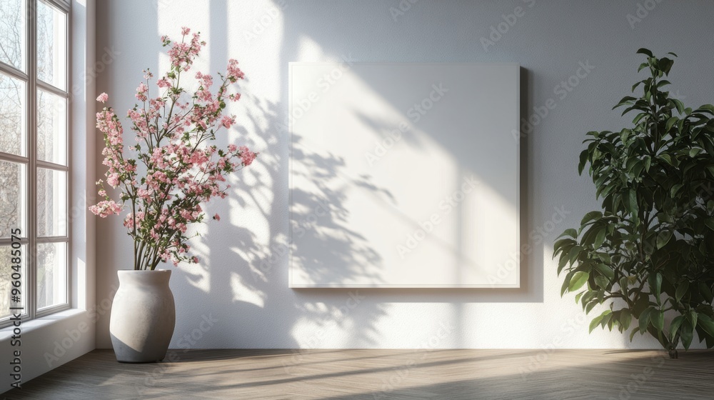 image of white canvas frame and vase of flowers in a scandinavian interior concept banner for clean and stylish design inspiration image of white canvas frame and vase of flowers in a scandinavian interior concept banner for clean and stylish design inspiration