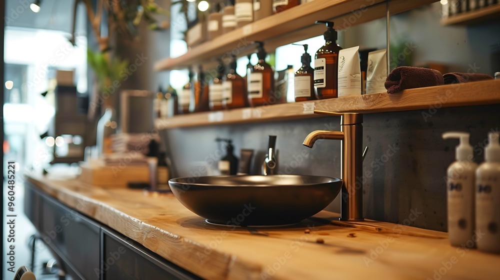 Espresso cleanse wash in a salon on an oak surface Espresso cleanse wash in a salon on an oak surface