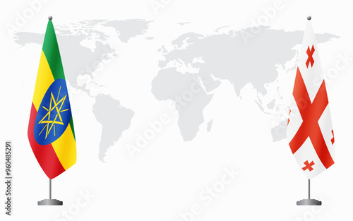 Ethiopia and Georgia flags for official meeting against background of world map.