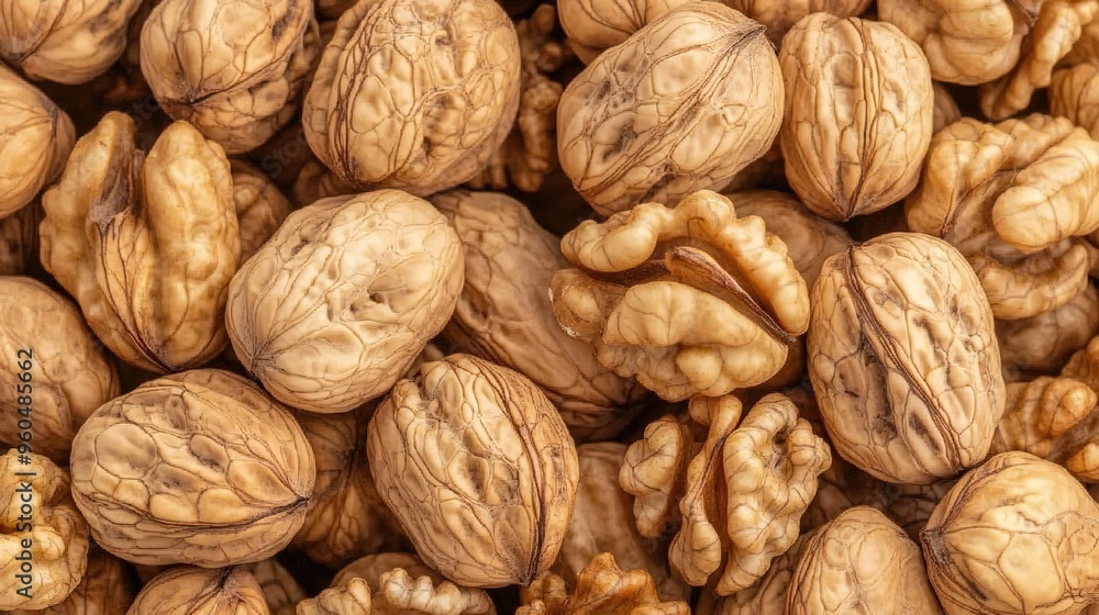 A close-up of a pile of walnuts, showing their brown shells and wrinkled kernels.
A close-up of a pile of walnuts, showing their brown shells and wrinkled kernels.