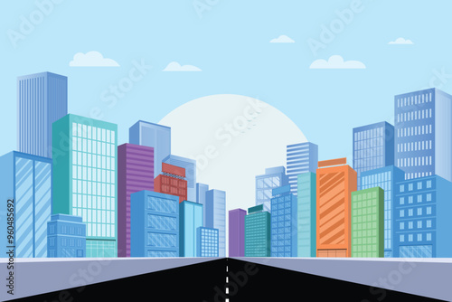 Cityscape with light blue sky and clouds. Modern city skyscrapers, cityscape buildings, and a road in the middle.