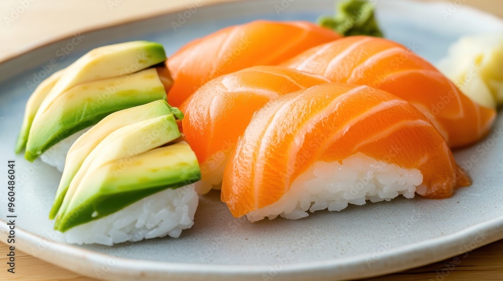 Delicious Salmon and Avocado Sushi Nigiri on White Plate Delicious Salmon and Avocado Sushi Nigiri on White Plate
