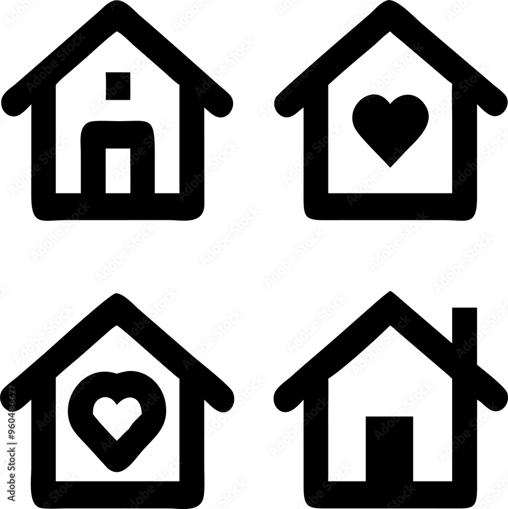 A comprehensive set of home icons designed for digital platforms, offering a range of house shapes from traditional to modern. This collection includes multiple variations, such as simple rooftops, A comprehensive set of home icons designed for digital platforms, offering a range of house shapes from traditional to modern. This collection includes multiple variations, such as simple rooftops,