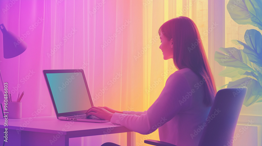 Woman working on a laptop at home illustration Woman working on a laptop at home illustration