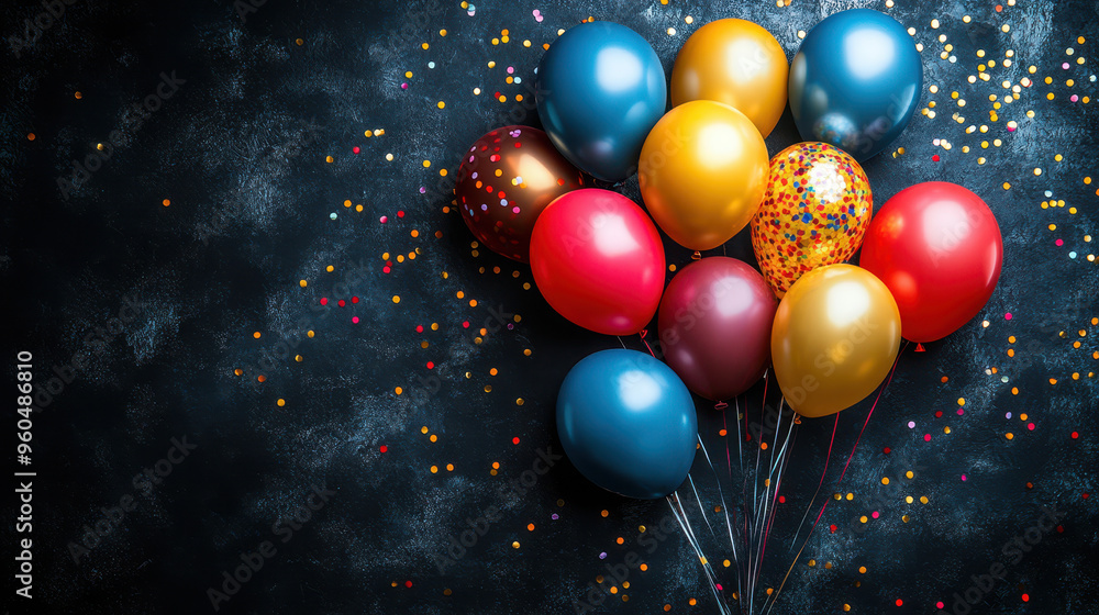 Festive balloons and confetti on background with copy space for your text message, celebration or holiday greeting card design. New Year party concept Festive balloons and confetti on background with copy space for your text message, celebration or holiday greeting card design. New Year party concept