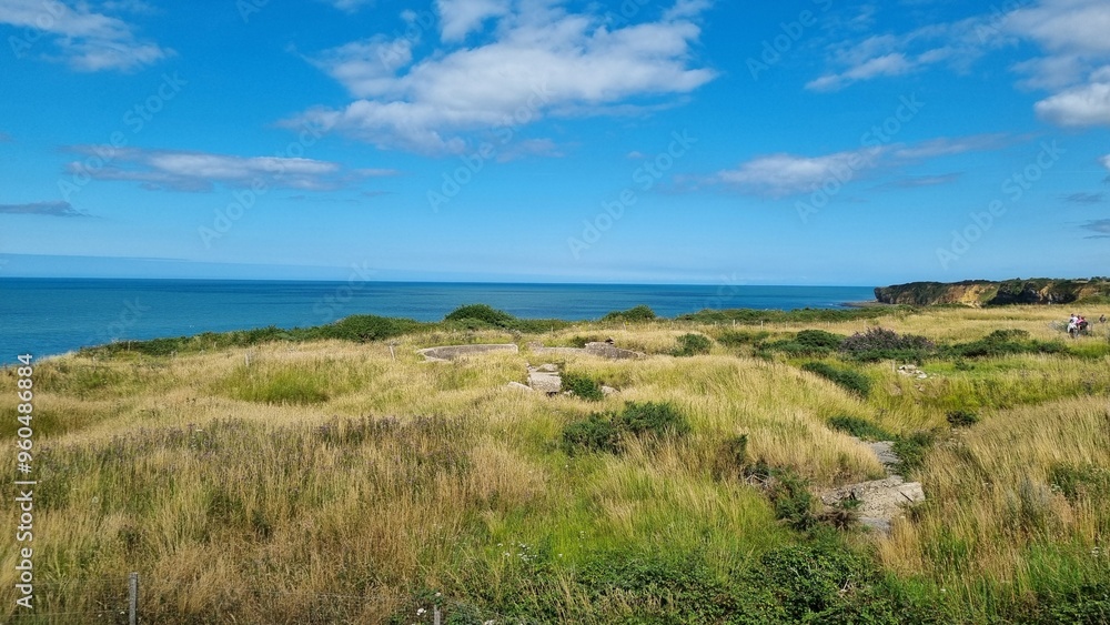 Scenic coastal landscape with lush grass and clear blue skies near the shoreline on a sunny day Scenic coastal landscape with lush grass and clear blue skies near the shoreline on a sunny day