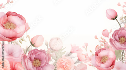 Illustration florale à l'aquarelle. Fleurs, plantes, feuilles. Espace vide de composition. Dessin minimaliste. Couleurs rose, claires, pastel. Pour conception et création graphique.