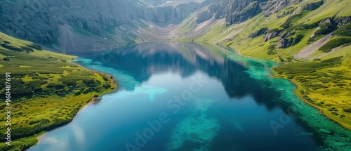 Tranquil Mountain Lake Reflections - Aerial View of Serene Nature Landscape with Clear Water Reflections