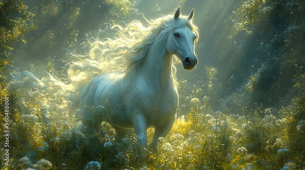 mythical white unicorn with flowing iridescent mane galloping through an enchanted misty forest bathed in soft ethereal light mythical white unicorn with flowing iridescent mane galloping through an enchanted misty forest bathed in soft ethereal light