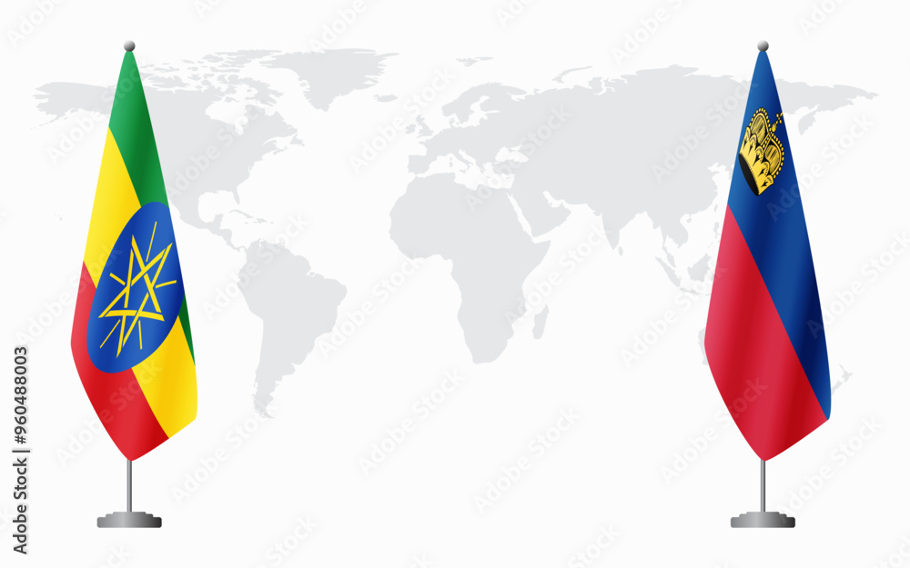 Ethiopia and Liechtenstein flags for official meeting against background of world map. Ethiopia and Liechtenstein flags for official meeting against background of world map.