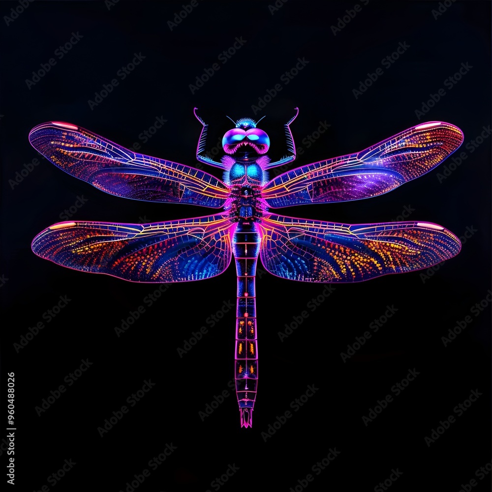 Neon Dragonfly with Radiant Wings Flying Against a Black Background Neon Dragonfly with Radiant Wings Flying Against a Black Background
