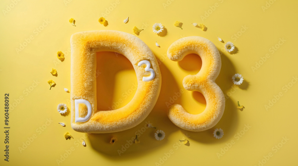 Vitamin D3 supplement. 3D illustration of D3 symbol on yellow sunny background with flowers. Taking vitamin supplements Vitamin D3 supplement. 3D illustration of D3 symbol on yellow sunny background with flowers. Taking vitamin supplements