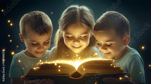 Magical child reading a book with glowing light, enchanted story time, young boy discovering the wonder of imagination and adventure, fantasy, magic sparkles, children’s literature photo