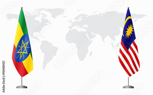 Ethiopia and Malaysia flags for official meeting against background of world map.