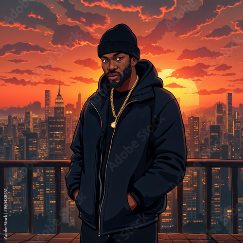 Rapper in Cityscape at Sunset