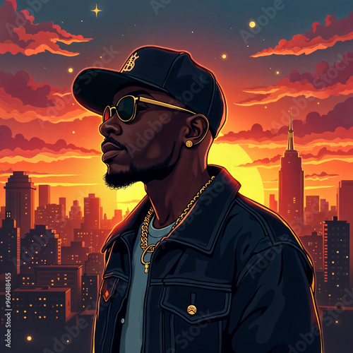 Rapper in Cityscape at Sunset