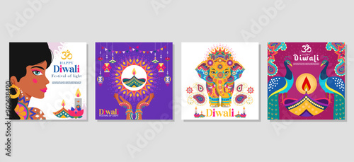 Happy diwali Set of greeting cards, social media post, posters, holiday covers