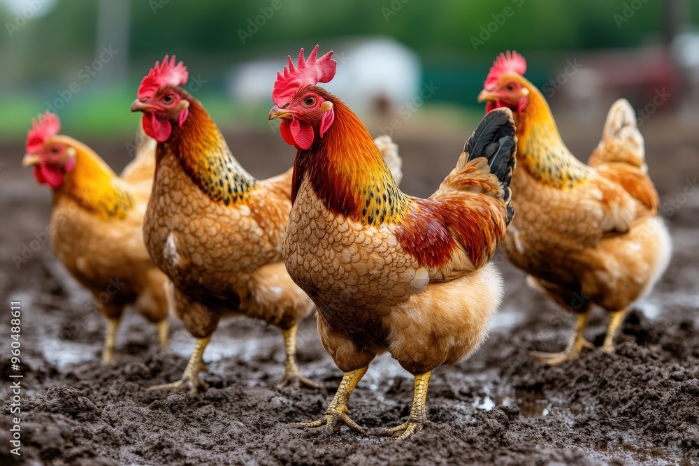 Fototapeta premium Several chickens gathering on a muddy farm field, showcasing their natural behaviors and rural environment, highlighted by vivid and bright daylight for a fresh appeal.