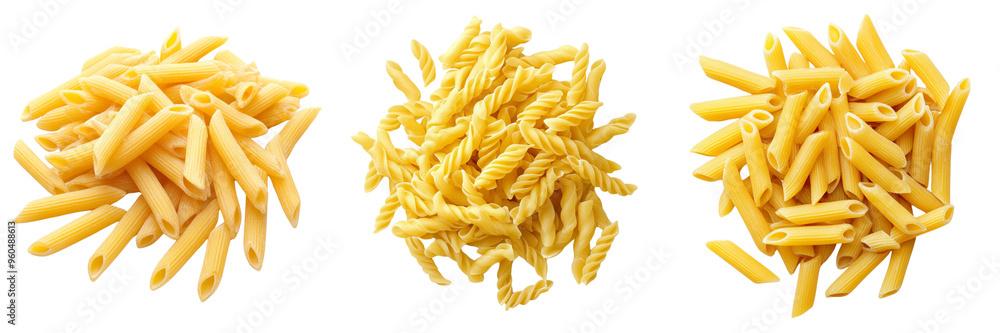 Fototapeta premium Set of Close up of various types of raw Italian pasta, including spaghetti, penne, and fusilli Isolated on Transparent Background