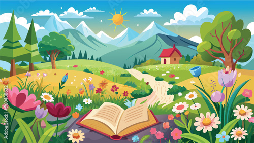 Children's book flat lay illustration with a blooming flowers field. Spring meadow with wildflowers. vector art illustration