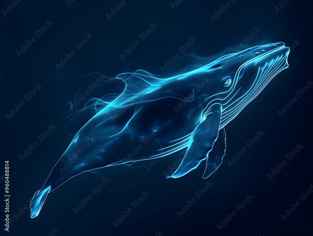 Neon Whale Breaching Through Luminous Blue Highlights Against Dark Ocean Backdrop Neon Whale Breaching Through Luminous Blue Highlights Against Dark Ocean Backdrop