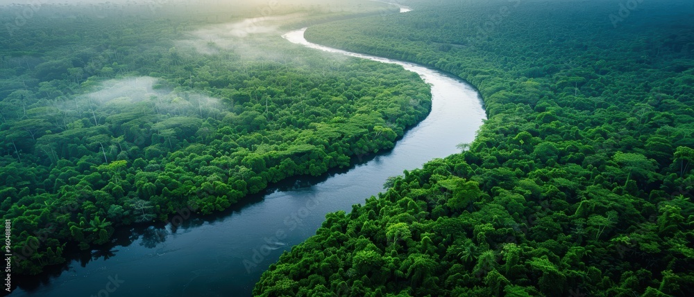 Serene Aerial View of a Winding River Meandering Through Lush Jungle Canopy Serene Aerial View of a Winding River Meandering Through Lush Jungle Canopy