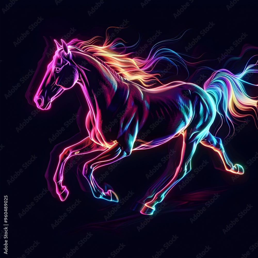 Glowing Neon Horse Galloping with Flowing Mane on Dark Background Glowing Neon Horse Galloping with Flowing Mane on Dark Background