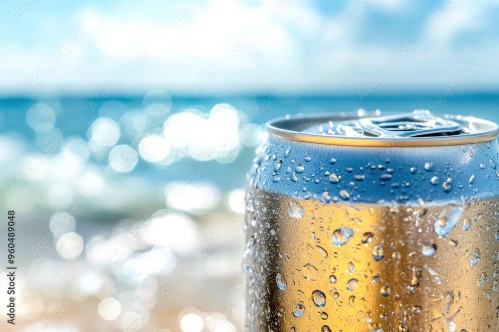 A cool can adorned with water droplets rests near the shoreline, reflecting the shimmering ocean waves and bright sky in a moment of summer bliss A cool can adorned with water droplets rests near the shoreline, reflecting the shimmering ocean waves and bright sky in a moment of summer bliss