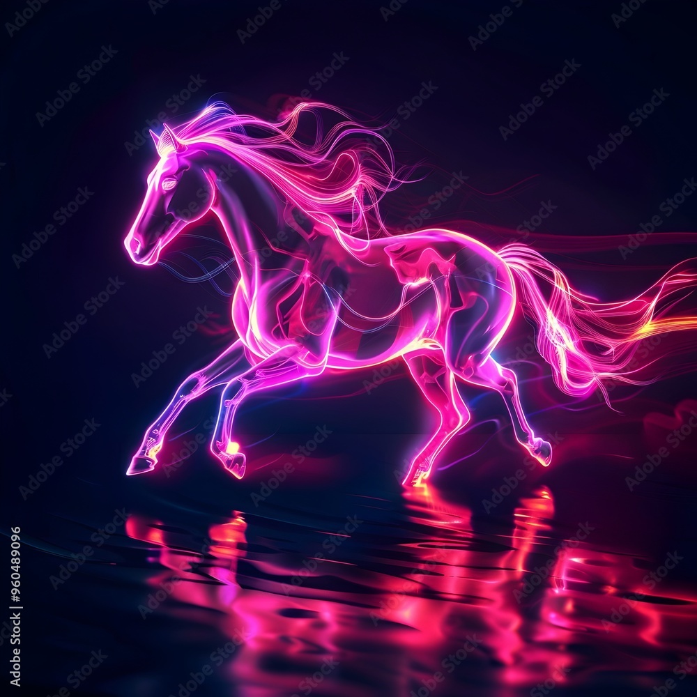 Neon Horse Galloping with Flowing Mane on Dark Isolated Background with Copy Space Neon Horse Galloping with Flowing Mane on Dark Isolated Background with Copy Space