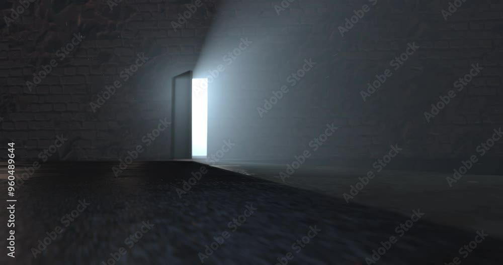 In a dark, industrial space with a wet concrete floor, an old brick wall reveals an open door. Bright beams of light burst through the doorway, contrasting the dim surroundings.