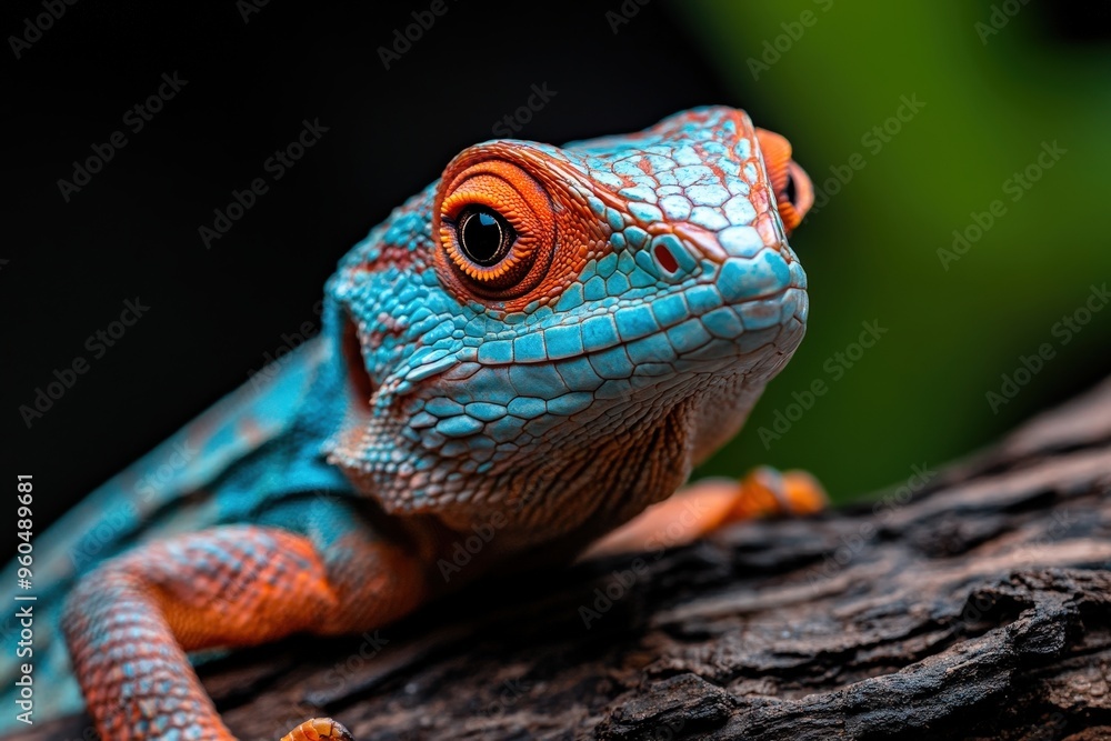 A vivid close-up image of a colorful lizard showcasing vibrant blue and orange hues on its scales, with remarkable detail and clarity, perfect for artistic or nature projects. A vivid close-up image of a colorful lizard showcasing vibrant blue and orange hues on its scales, with remarkable detail and clarity, perfect for artistic or nature projects.