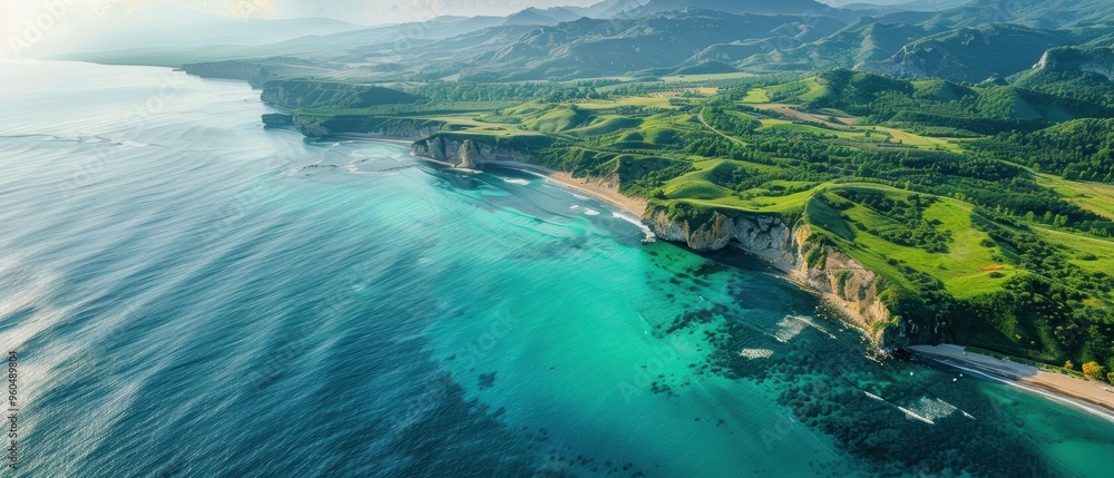 Majestic Aerial View of Dramatic Coastline with Towering Cliffs and Pristine Beaches Majestic Aerial View of Dramatic Coastline with Towering Cliffs and Pristine Beaches