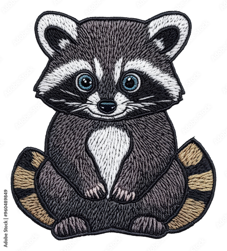 Cute raccoon embroidery patch with bright details, cut out - stock png. Cute raccoon embroidery patch with bright details, cut out - stock png.
