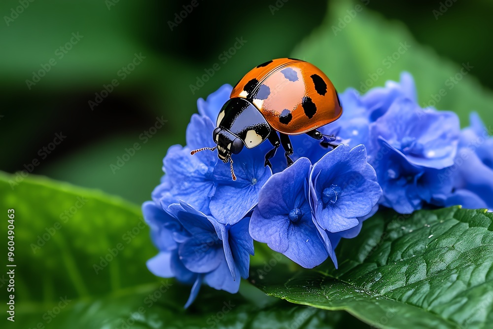 Fototapeta premium Ladybugs on hydrangeas, spotted backs, garden guardians help control pests naturally