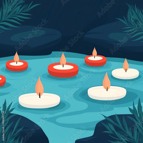 Candles floating on water at sunset with a city skyline in the background photo