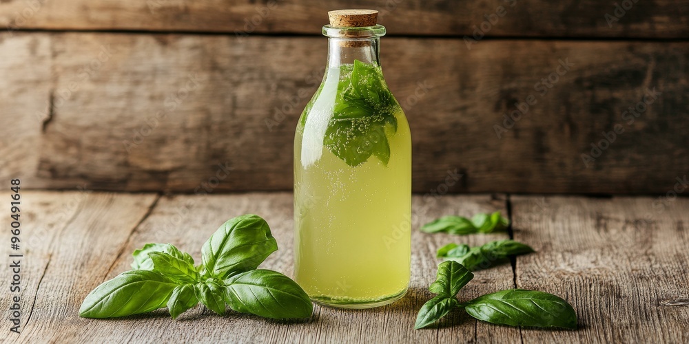 Glass bottle of green liquid with basil on wood. Glass bottle of green liquid with basil on wood.