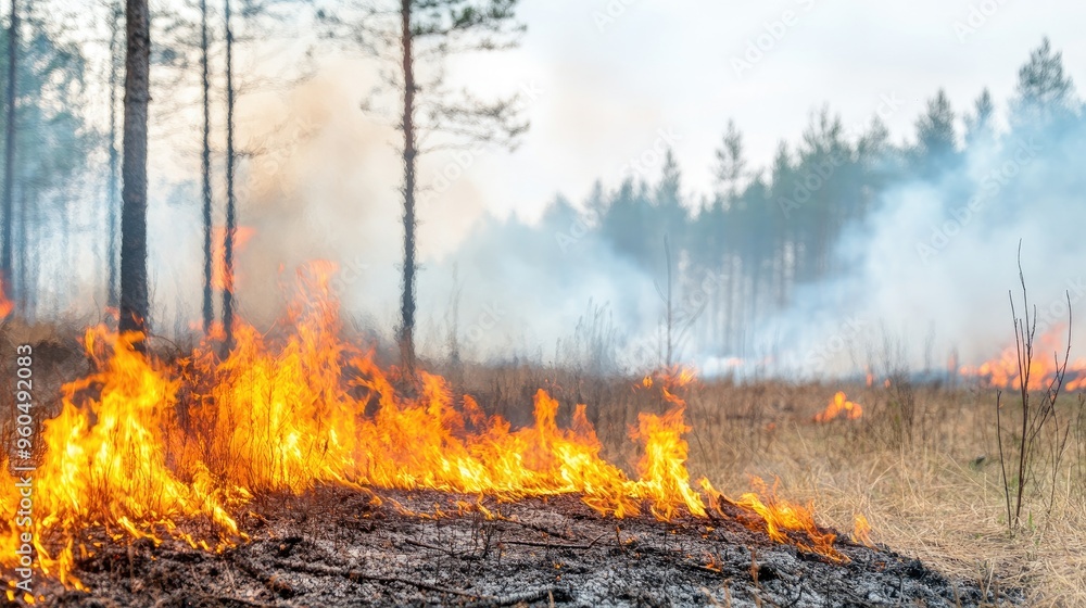 Dramatic forest fire raging through towering pine trees as thick smoke fills the sky and flames illuminate the landscape Dramatic forest fire raging through towering pine trees as thick smoke fills the sky and flames illuminate the landscape