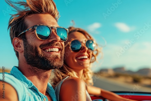 A couple enjoying a drive in their convertible car on a sunny day, highlighting the carefree and adventurous spirit of a road trip under blue skies and nice weather. photo