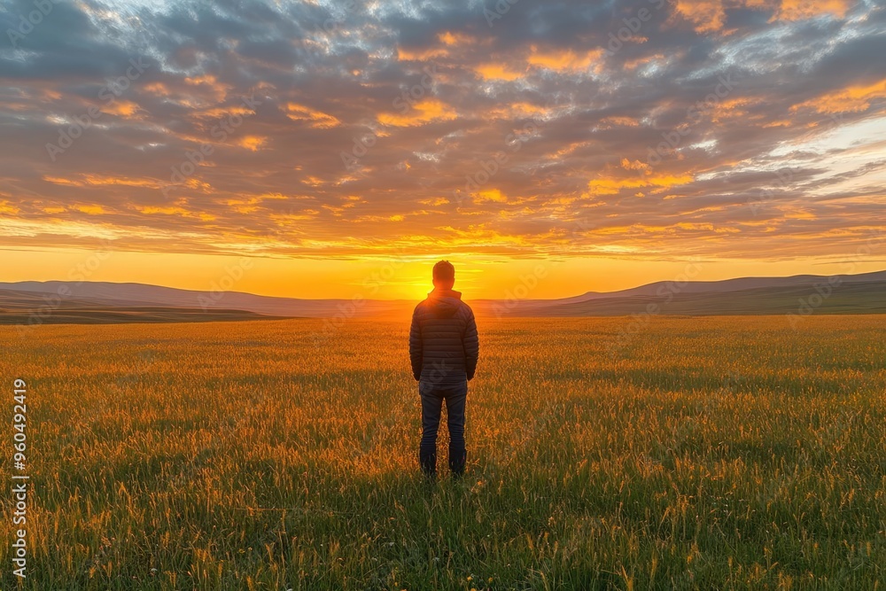 Fototapeta premium A solitary figure stands in a vast field, gazing at a breathtaking sunset with vibrant colors illuminating the horizon.