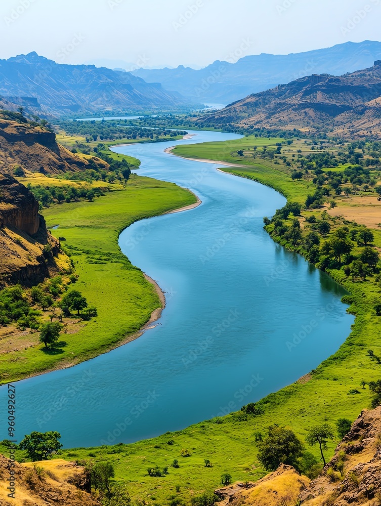 Obraz premium Aerial view of a winding river flowing through a dry landscape.