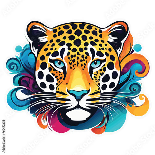 Colorful leopard head with artistic swirls in vibrant background, vector illustration, wall art