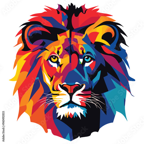 Vibrant geometric lion illustration vector art in multicolored palette, perfect for posters