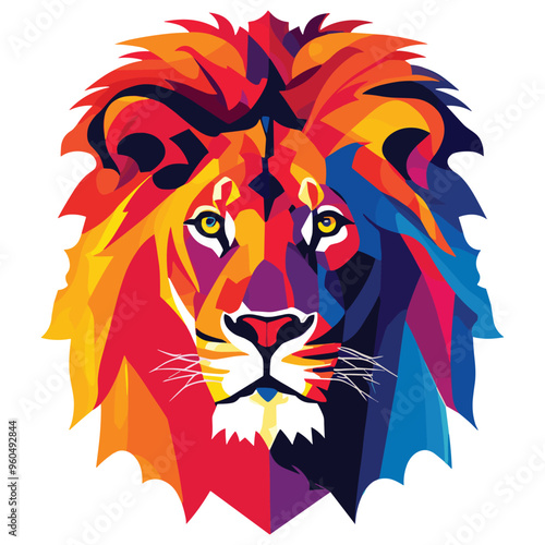Colorful lion head vector illustration vibrant colors isolated on white background, art print
