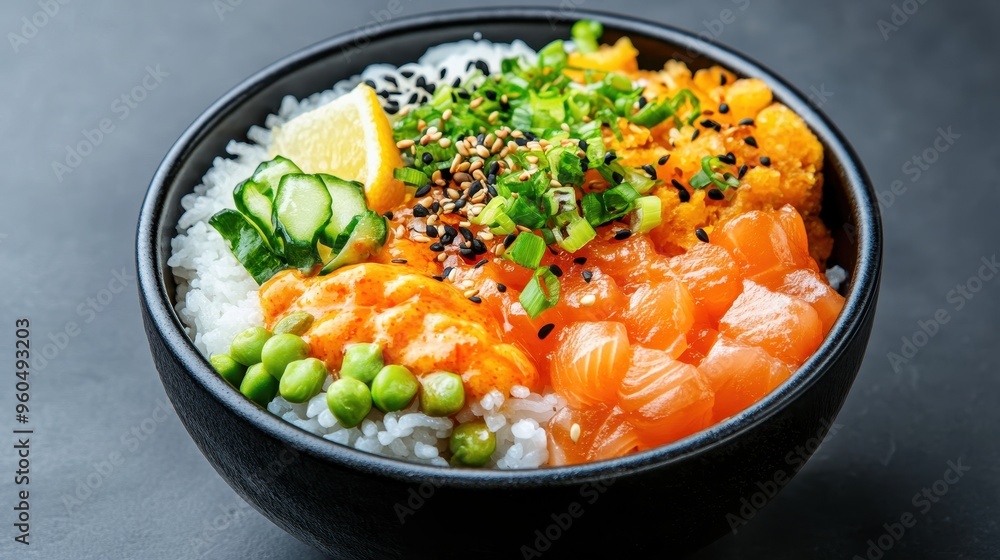 Salmon Poke Bowl with Rice Cucumber Green Onions and Sesame Seeds Salmon Poke Bowl with Rice Cucumber Green Onions and Sesame Seeds