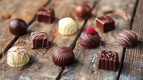 Desert sweets different chocolate candies on a wood table background photo