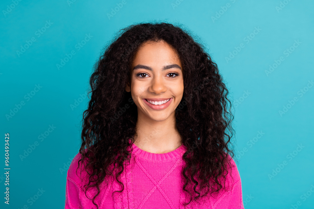 Obraz premium Portrait of nice young girl beaming smile wear pink pullover isolated on turquoise color background